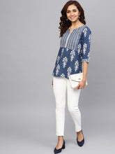 Load image into Gallery viewer, Queen ellie Women Navy Blue & Off-White Printed A-line Kurti