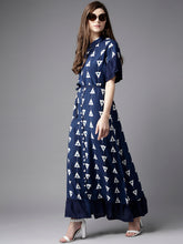 Load image into Gallery viewer, Queen ellie Women Navy Blue & White Printed Maxi Shirt Dress