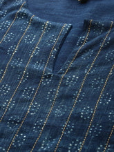 Load image into Gallery viewer, Queen ellie Women Blue Indigo Hand Block Print A-Line Dress with Tie-Up Detail & Cuffed Sleeves