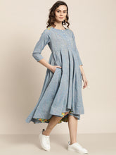 Load image into Gallery viewer, Queen ellie Women Blue Self Design Yarn Dyed Flared A-Line Dress