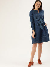 Load image into Gallery viewer, Queen ellie Women Blue Indigo Hand Block Print A-Line Dress with Tie-Up Detail & Cuffed Sleeves