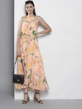 Load image into Gallery viewer, Queen ellie Women Peach-Coloured & Green Tropical Printed Maxi Dress