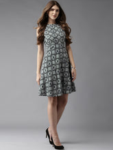 Load image into Gallery viewer, Queen ellie Women Black & Off-White Printed Fit & Flare Dress
