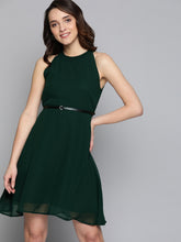 Load image into Gallery viewer, Queen ellie Women Green Solid Fit and Flare Dress