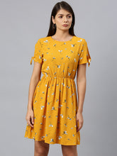 Load image into Gallery viewer, Queen ellie Women Mustard Yellow & White Floral Print Fit & Flare Dress With Tie-Up Sleeves