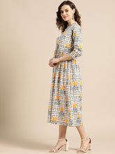 Load image into Gallery viewer, Queen ellie Women Beige & Navy Blue Printed A-Line Dress