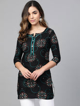 Load image into Gallery viewer, Queen ellie Women Black & Blue Printed Straight Kurti