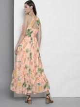 Load image into Gallery viewer, Queen ellie Women Peach-Coloured & Green Tropical Printed Maxi Dress