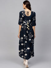 Load image into Gallery viewer, Queen ellie Women Navy Blue & Golden Floral Print Maxi Dress