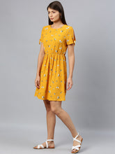 Load image into Gallery viewer, Queen ellie Women Mustard Yellow & White Floral Print Fit & Flare Dress With Tie-Up Sleeves