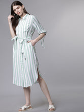 Load image into Gallery viewer, Queen ellie Women Green & White Striped Shirt Dress