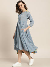 Load image into Gallery viewer, Queen ellie Women Blue Self Design Yarn Dyed Flared A-Line Dress