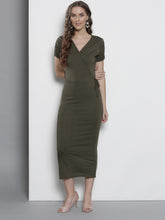 Load image into Gallery viewer, Queen ellie Women Olive Green Solid Wrap Dress