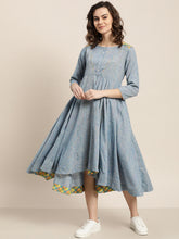 Load image into Gallery viewer, Queen ellie Women Blue Self Design Yarn Dyed Flared A-Line Dress