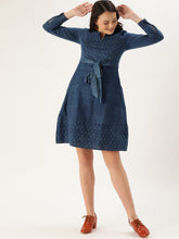 Load image into Gallery viewer, Queen ellie Women Blue Indigo Hand Block Print A-Line Dress with Tie-Up Detail & Cuffed Sleeves