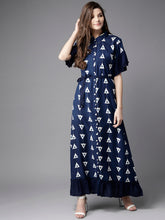 Load image into Gallery viewer, Queen ellie Women Navy Blue & White Printed Maxi Shirt Dress