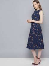 Load image into Gallery viewer, Queen ellie Women Navy Blue Printed Fit and Flare Dress