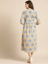Load image into Gallery viewer, Queen ellie Women Beige & Navy Blue Printed A-Line Dress
