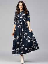 Load image into Gallery viewer, Queen ellie Women Navy Blue & Golden Floral Print Maxi Dress