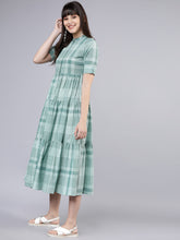 Load image into Gallery viewer, Queen ellie Women Green Checked Fit and Flare Dress