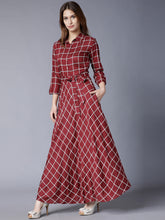 Load image into Gallery viewer, Queen ellie Burgundy Checked Flared Belted Shirt Maxi Dress