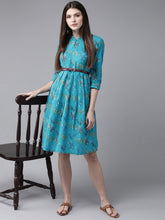 Load image into Gallery viewer, Queen ellie Women Blue & Green Printed A-Line Dress