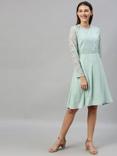 Load image into Gallery viewer, Queen ellie Women Green Solid Fit and Flare Dress With Lace Inserts