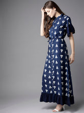 Load image into Gallery viewer, Queen ellie Women Navy Blue & White Printed Maxi Shirt Dress