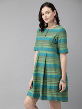 Load image into Gallery viewer, Queen ellie Women Green & Blue Striped A-Line Dress