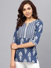 Load image into Gallery viewer, Queen ellie Women Navy Blue & Off-White Printed A-line Kurti