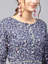 Load image into Gallery viewer, Queen ellie Women Navy Blue & Pink Printed Fit and Flare Dress