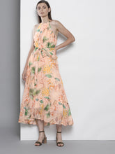 Load image into Gallery viewer, Queen ellie Women Peach-Coloured & Green Tropical Printed Maxi Dress