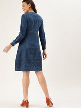 Load image into Gallery viewer, Queen ellie Women Blue Indigo Hand Block Print A-Line Dress with Tie-Up Detail & Cuffed Sleeves