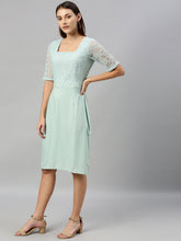 Load image into Gallery viewer, Queen ellie Women Green Solid A-Line Dress With Lace Inserts