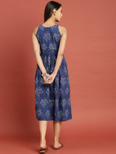 Load image into Gallery viewer, Queen ellie Women Blue Indigo Hand Block Print A-Line Dress with Gathers Detail