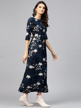 Load image into Gallery viewer, Queen ellie Women Navy Blue & Golden Floral Print Maxi Dress