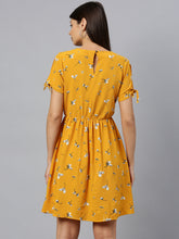Load image into Gallery viewer, Queen ellie Women Mustard Yellow & White Floral Print Fit & Flare Dress With Tie-Up Sleeves