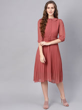 Load image into Gallery viewer, Queen ellie Women Dusty Pink Solid Accordian Pleat A-Line Dress
