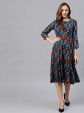 Load image into Gallery viewer, Queen ellie Women Teal Blue Printed Fit & Flare Dress
