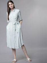 Load image into Gallery viewer, Queen ellie Women Green & White Striped Shirt Dress