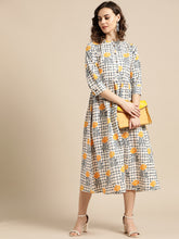 Load image into Gallery viewer, Queen ellie Women Beige & Navy Blue Printed A-Line Dress