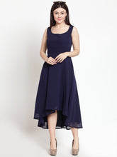 Load image into Gallery viewer, Queen ellie Women Navy Blue Solid High-Low Fit and Flare Dress