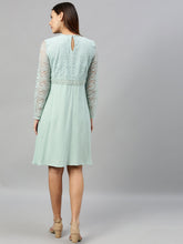 Load image into Gallery viewer, Queen ellie Women Green Solid Fit and Flare Dress With Lace Inserts