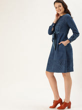Load image into Gallery viewer, Queen ellie Women Blue Indigo Hand Block Print A-Line Dress with Tie-Up Detail & Cuffed Sleeves
