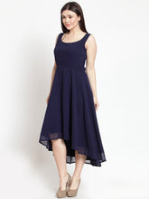 Load image into Gallery viewer, Queen ellie Women Navy Blue Solid High-Low Fit and Flare Dress