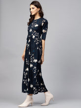 Load image into Gallery viewer, Queen ellie Women Navy Blue & Golden Floral Print Maxi Dress