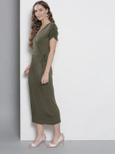 Load image into Gallery viewer, Queen ellie Women Olive Green Solid Wrap Dress