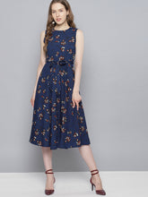 Load image into Gallery viewer, Queen ellie Women Navy Blue Printed Fit and Flare Dress