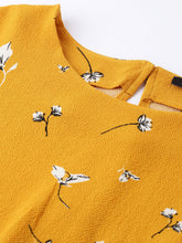 Load image into Gallery viewer, Queen ellie Women Mustard Yellow & White Floral Print Fit & Flare Dress With Tie-Up Sleeves