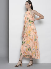 Load image into Gallery viewer, Queen ellie Women Peach-Coloured & Green Tropical Printed Maxi Dress